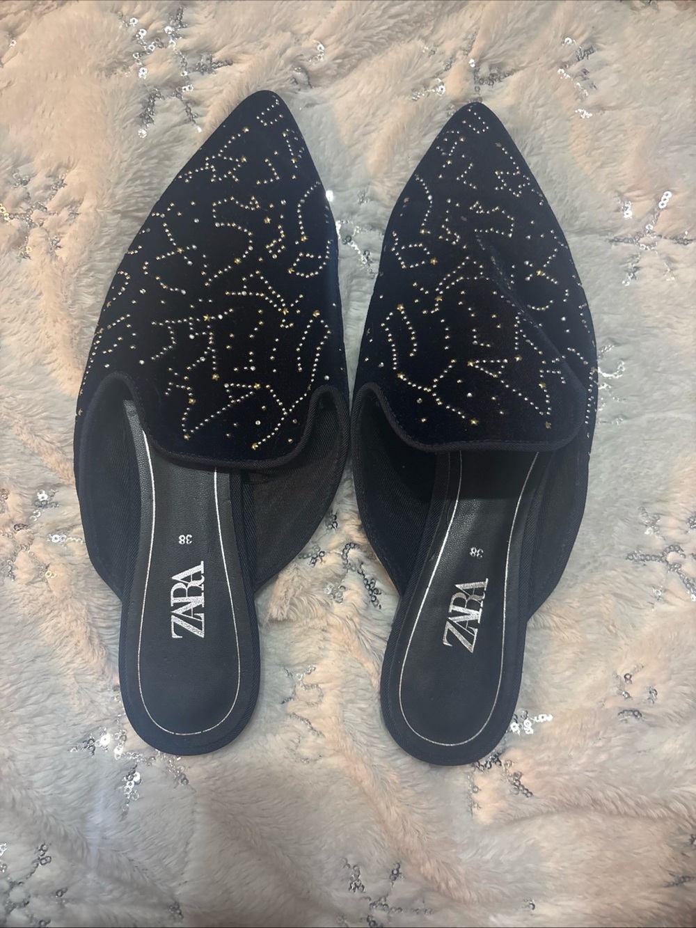 ZARA Black Pointed Slip-On Mules with Gold Stud Detailing size 38